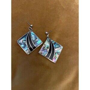 Mexico Silver Alpaca Enamel & Abalone Pierced Earrings Dangle